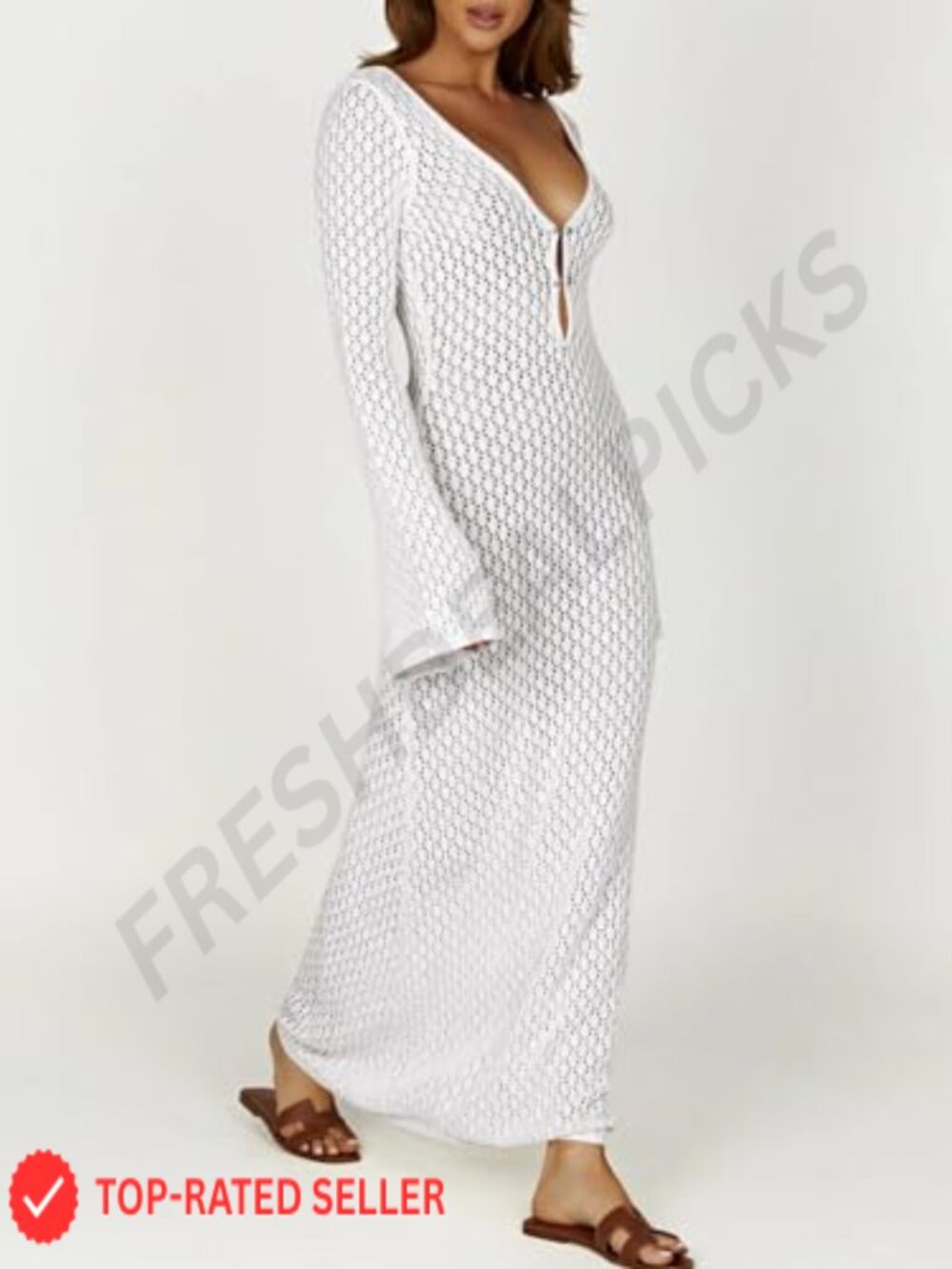 Sexy V-Neck Crochet Maxi Cover Up Dress Beach Vacation Long Sleeve Bodycon Knit - Picture 4 of 7